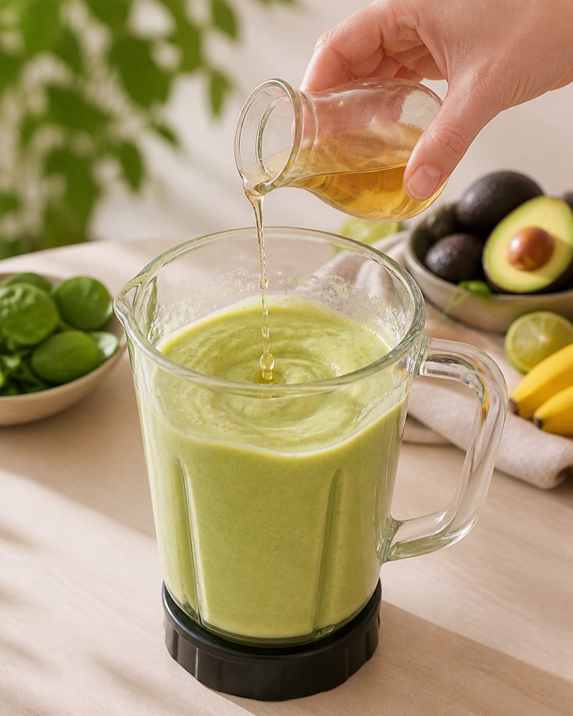 Thick green avocado smoothie being adjusted with one small splash of apple juice, no garnish or glasses under tilberedningen af avocado smoothie