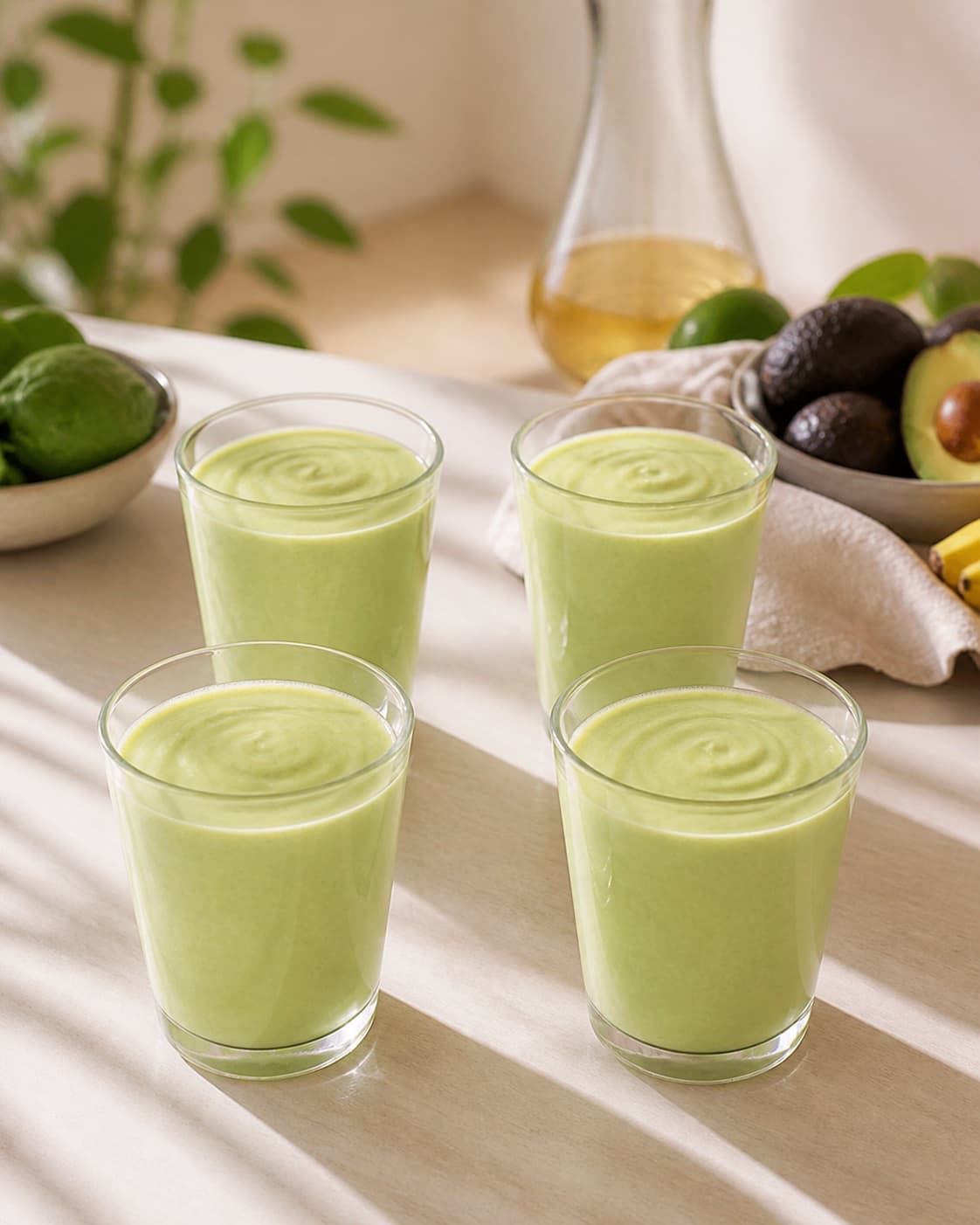 Exactly four fully visible chilled glasses evenly filled with vivid pale-green avocado smoothie, no garnish or straws under tilberedningen af avocado smoothie