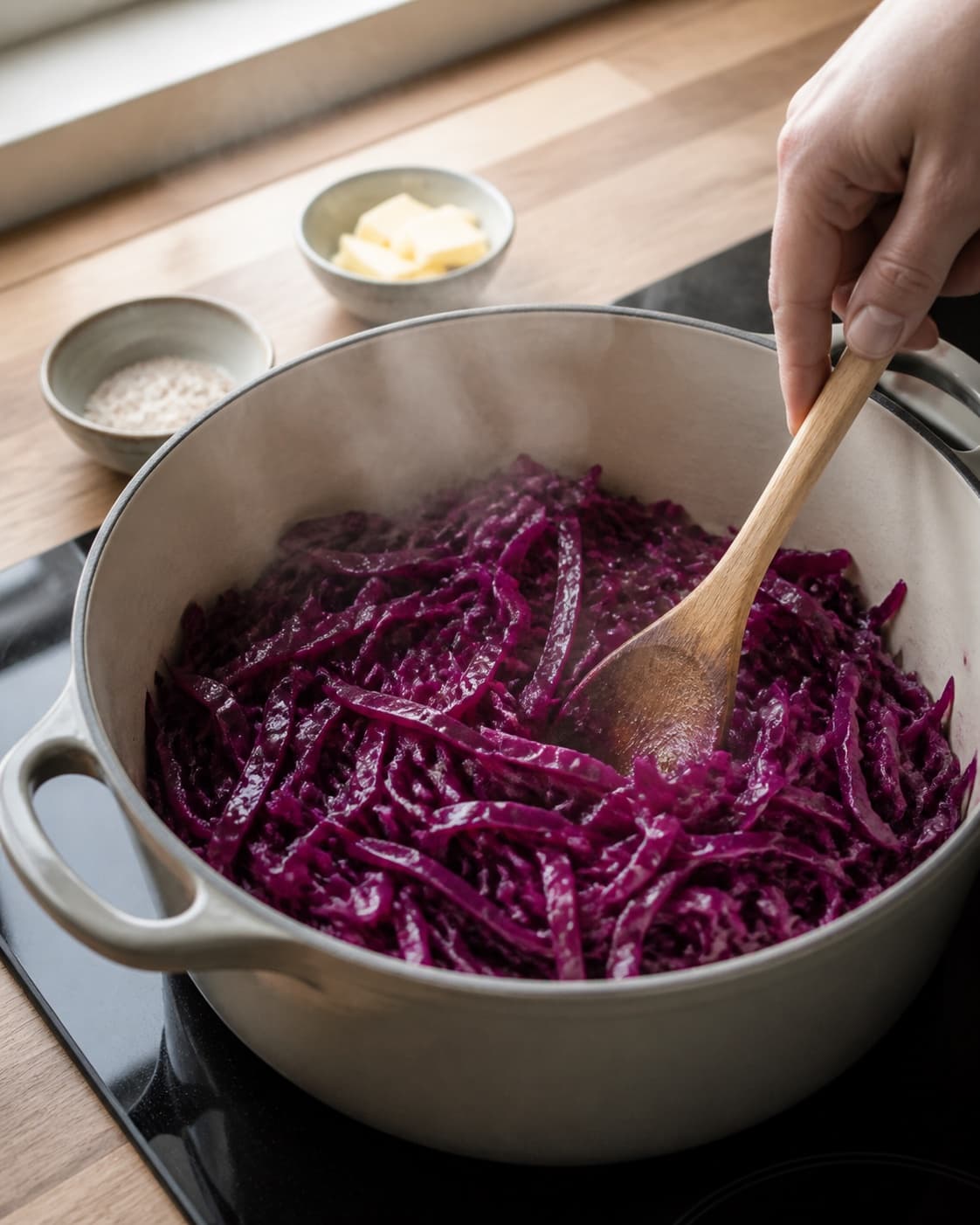Shredded red cabbage softening gently in butter and salt, still vivid purple with no apple or spices yet under tilberedningen af rødkål
