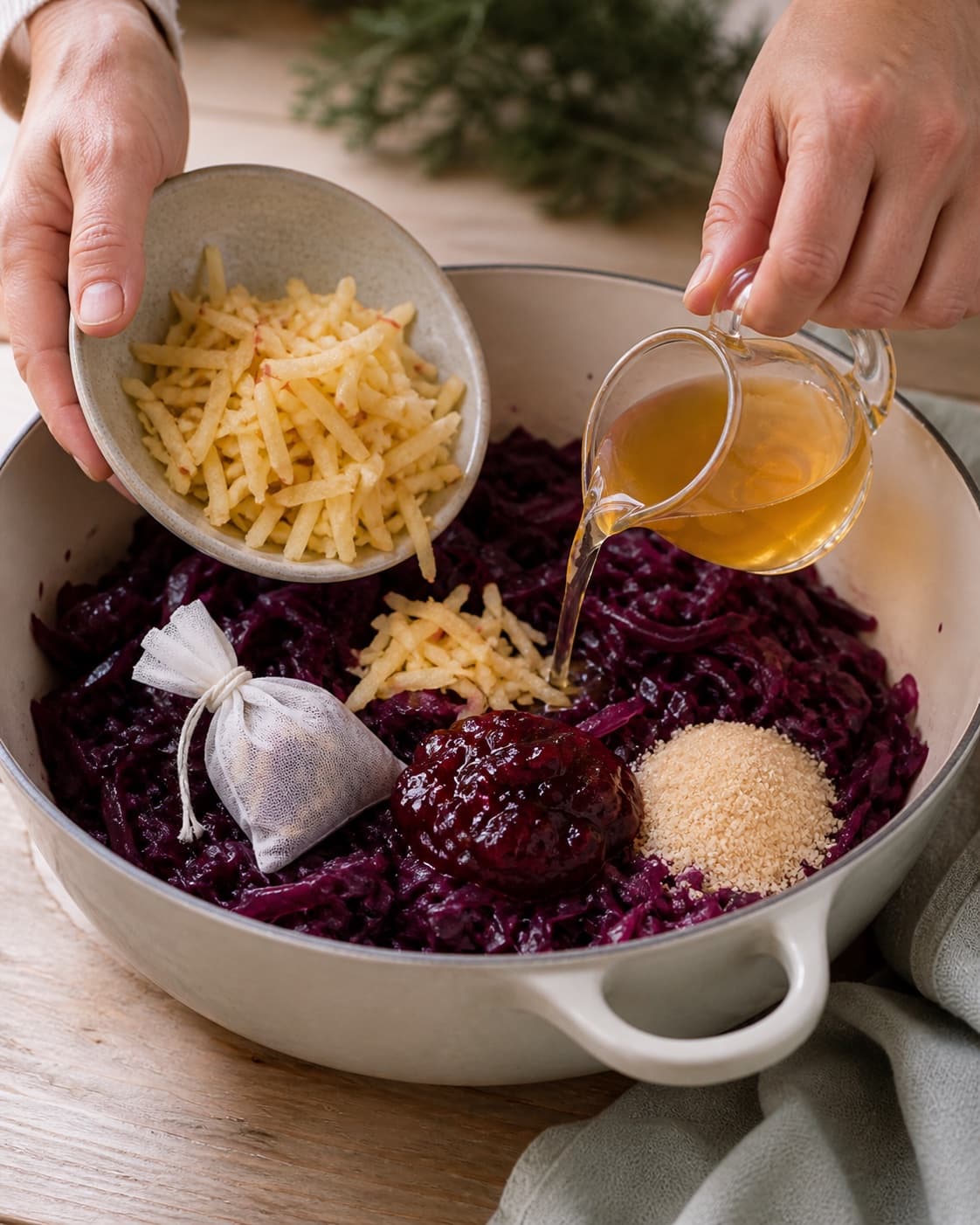 Apple vinegar apple juice redcurrant jelly sugar and a tied spice sachet being mixed into softened red cabbage under tilberedningen af rødkål