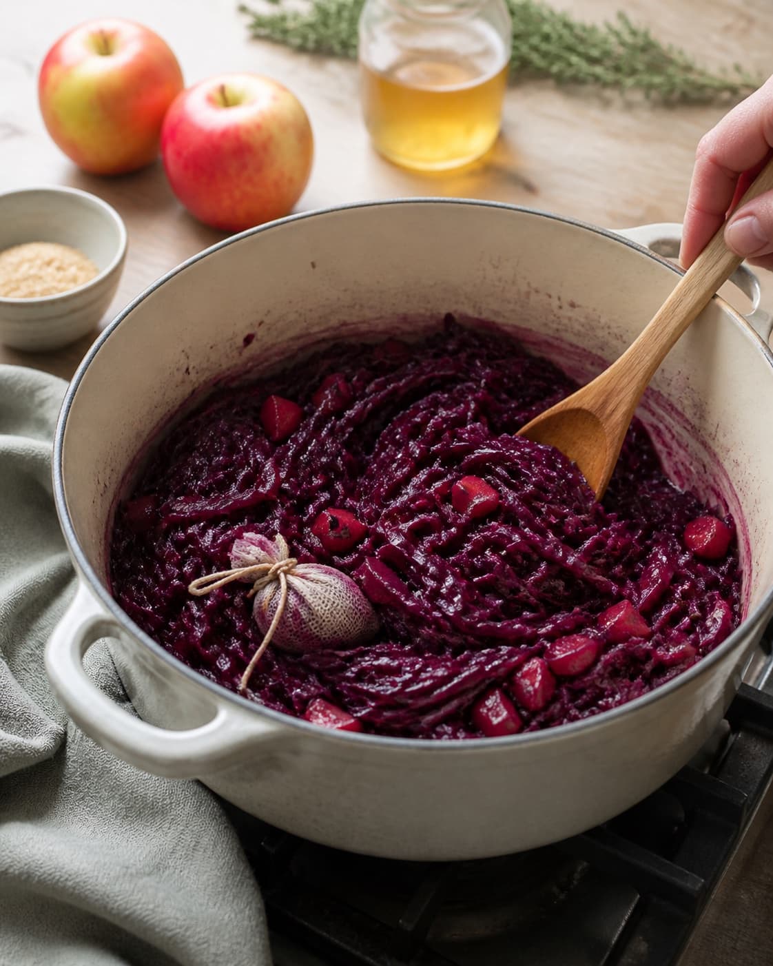 Red cabbage simmering slowly with apple and spice sachet, tender glossy ribbons and very little liquid remaining under tilberedningen af rødkål