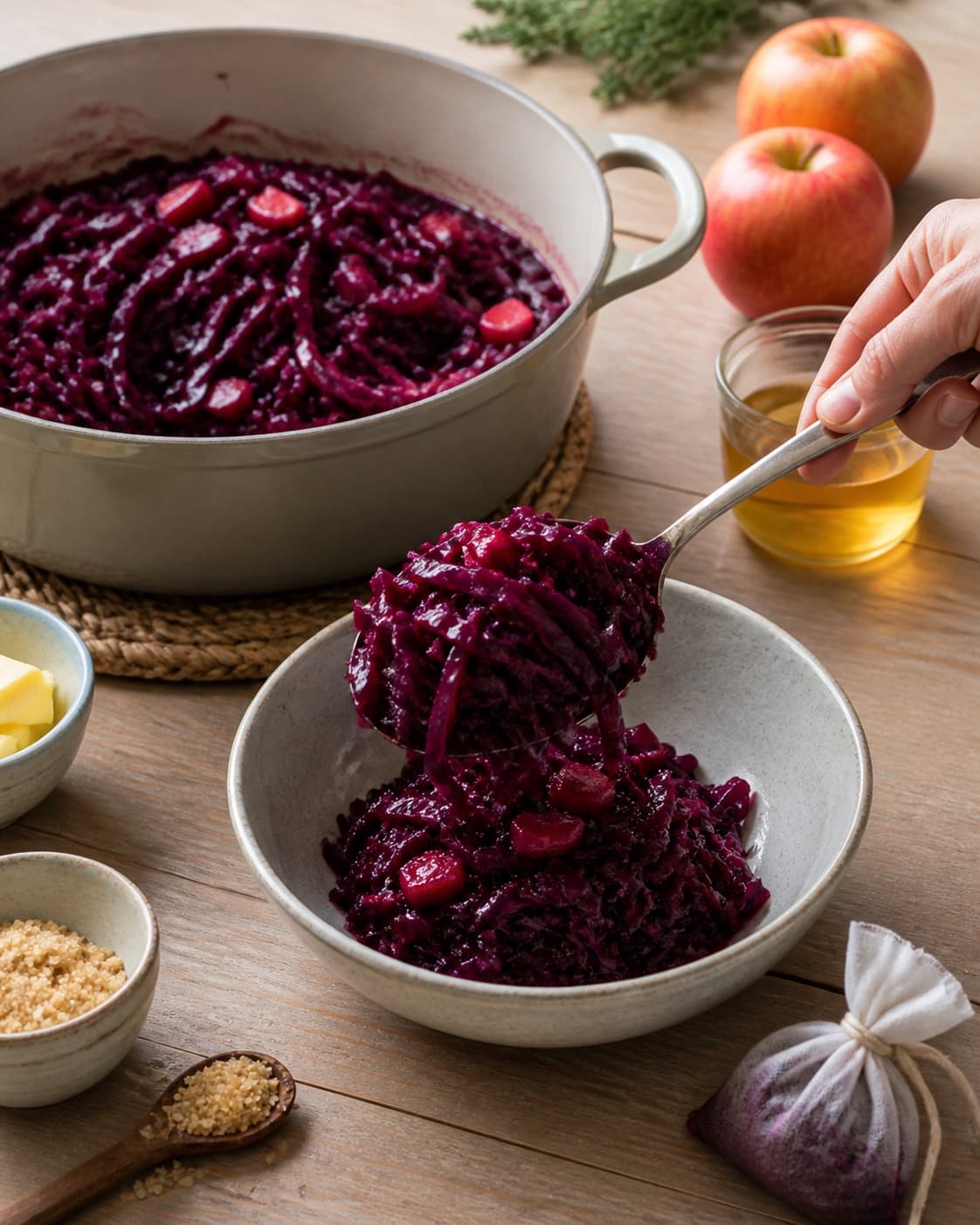 Finished glossy Danish red cabbage being adjusted and transferred to one serving bowl after the spice sachet is removed under tilberedningen af rødkål