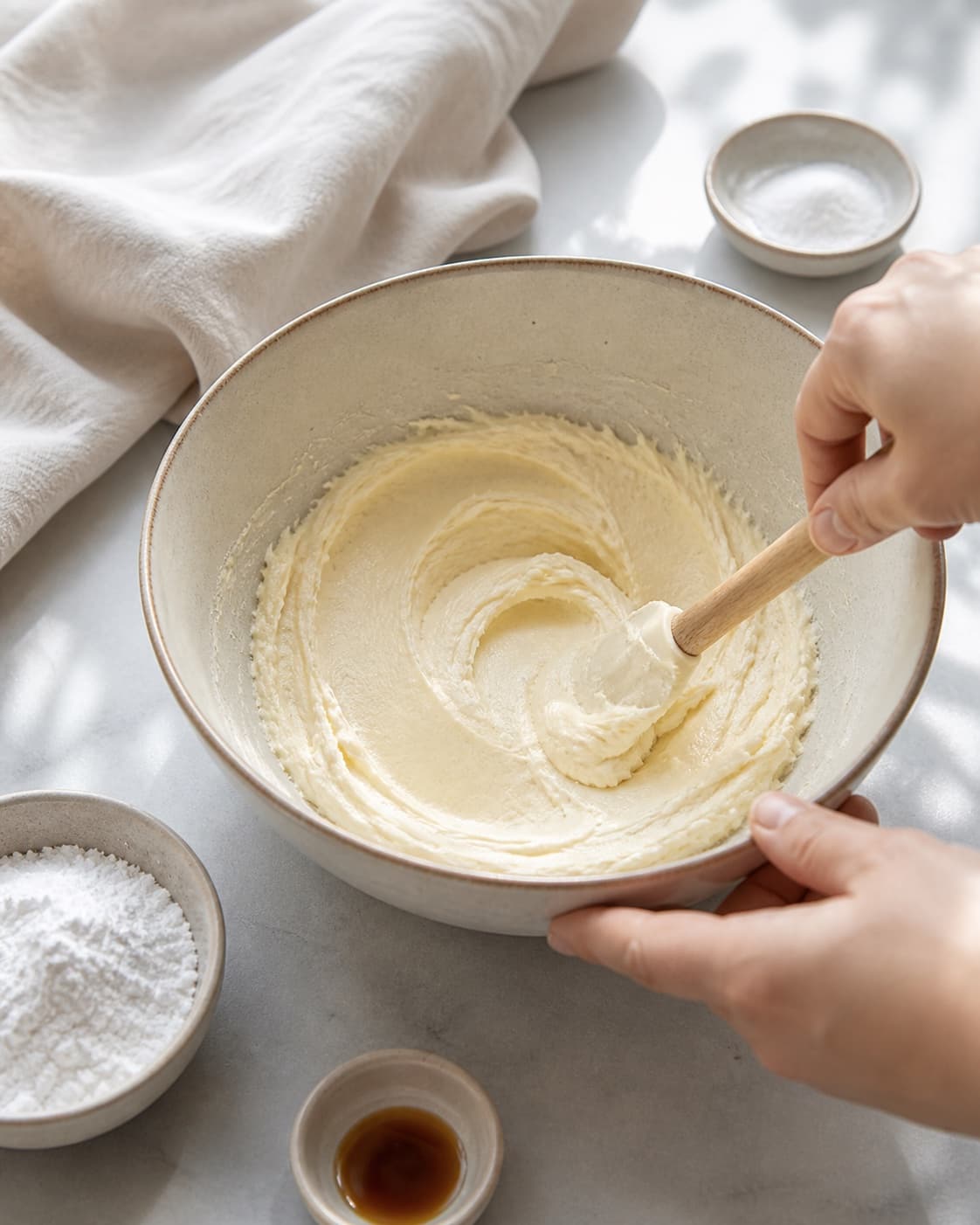 Butter icing sugar vanilla and salt being creamed smooth and pale, no oats cocoa or coffee yet under tilberedningen af havregrynskugler