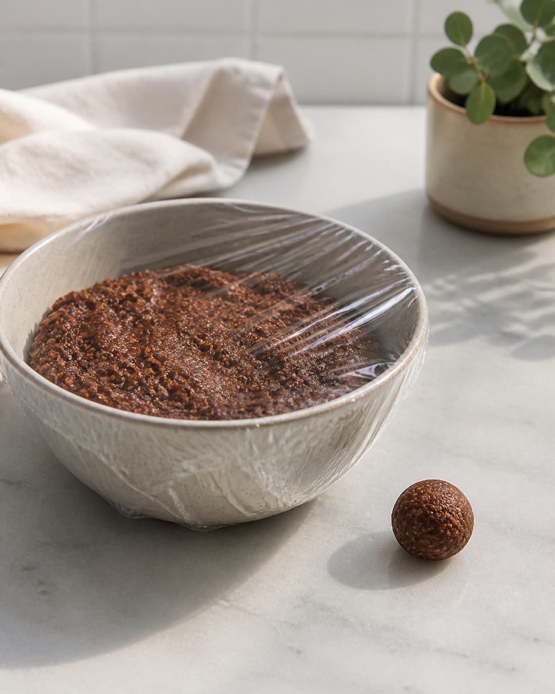 Covered cocoa oat mixture chilling with exactly one small uncoated test ball beside it, no finished batch under tilberedningen af havregrynskugler