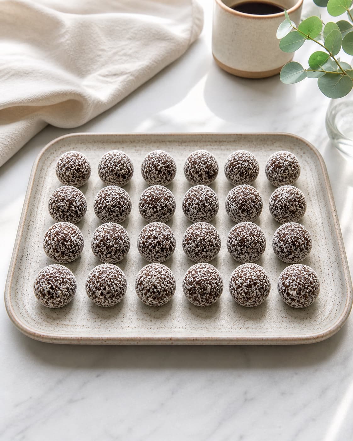 Exactly twenty-four cocoa oat balls arranged in exactly four rows of six, lightly coated in shredded coconut under tilberedningen af havregrynskugler