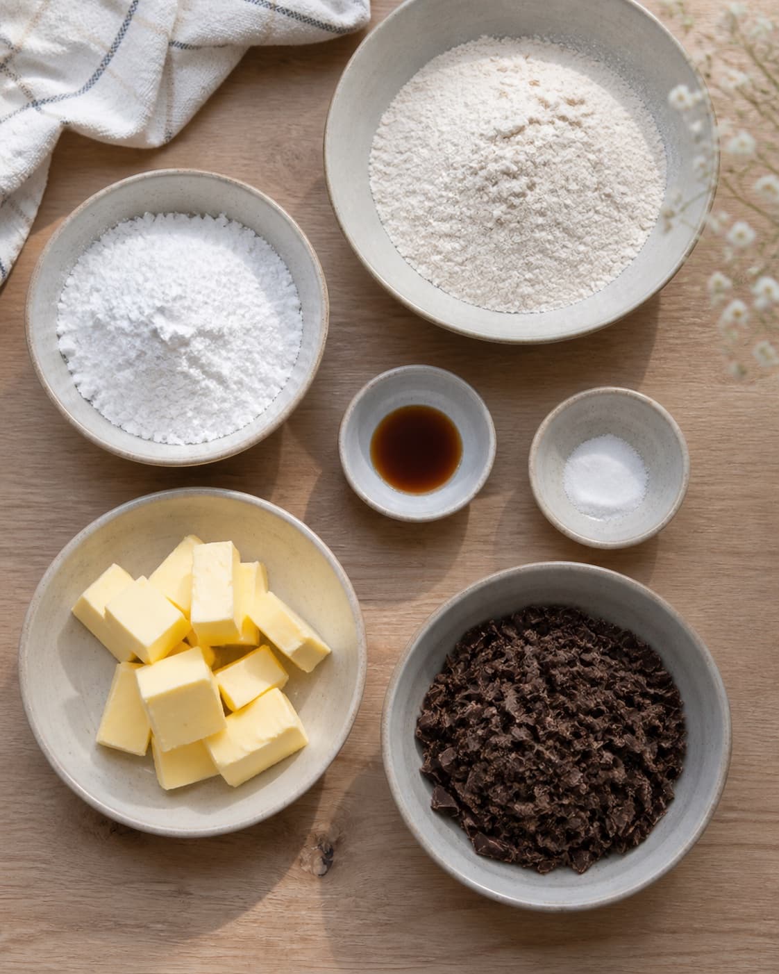 Flour icing sugar vanilla salt soft butter and finely chopped dark chocolate prepared separately, no dough under tilberedningen af specier med chokolade
