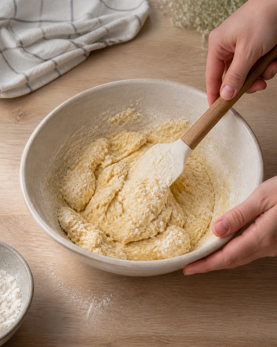 Soft butter sugar vanilla and flour being folded into a pale short dough, no chocolate yet under tilberedningen af specier med chokolade