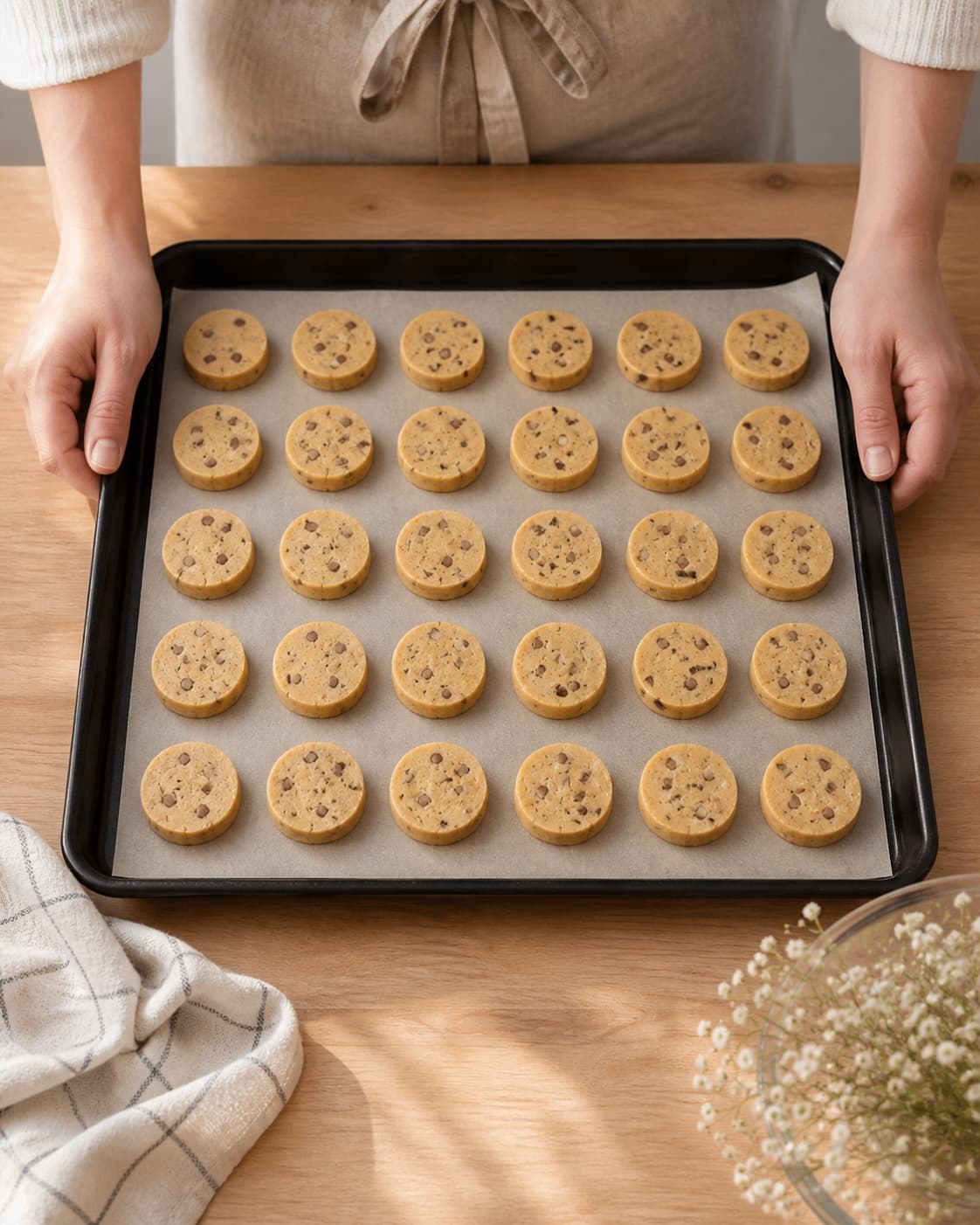 Exactly thirty raw chocolate-speckled cookie slices arranged as five rows of six on lined trays, no baked cookies under tilberedningen af specier med chokolade