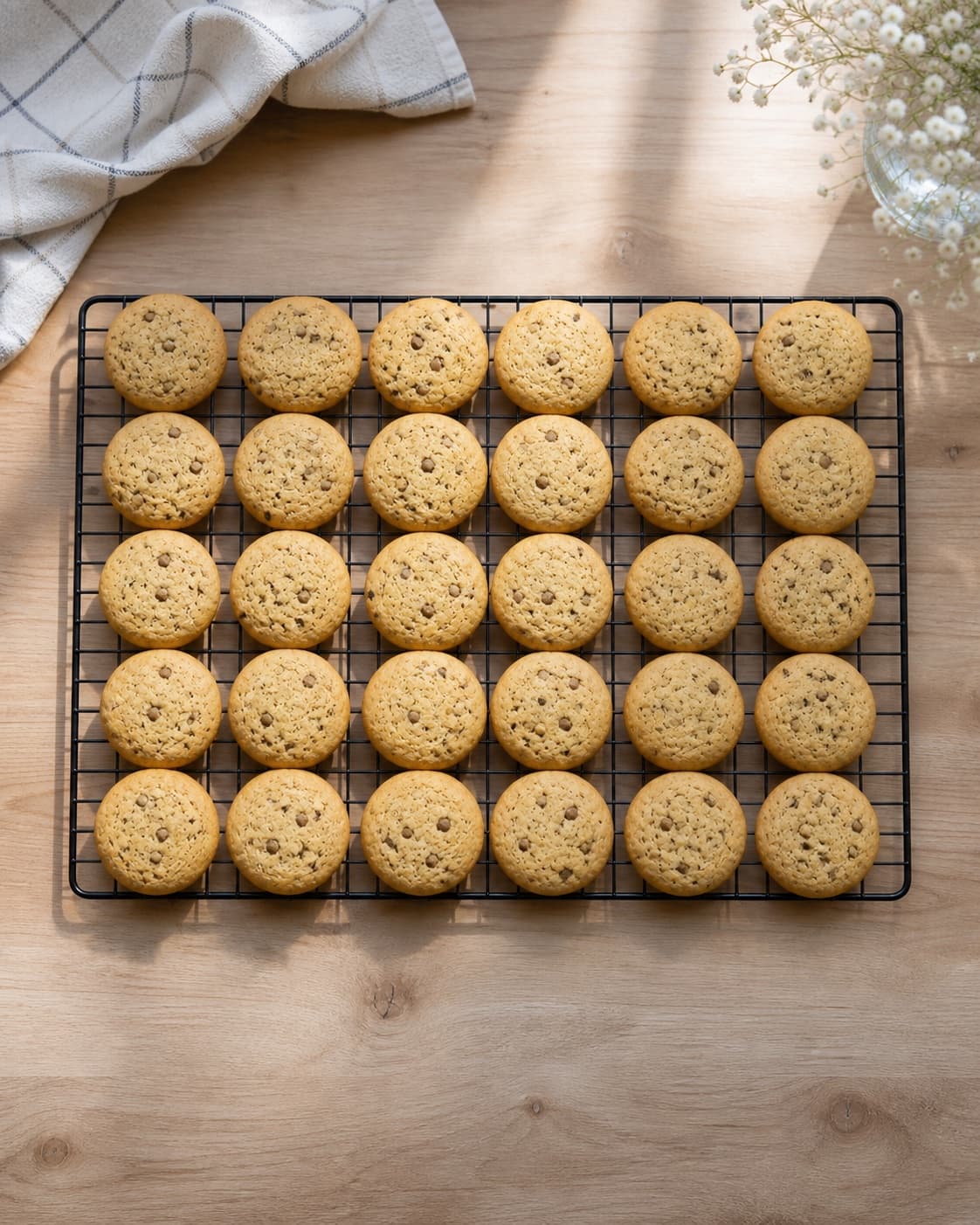 Exactly thirty baked round chocolate-speckled Danish butter cookies in five rows of six, pale centres and lightly golden edges under tilberedningen af specier med chokolade