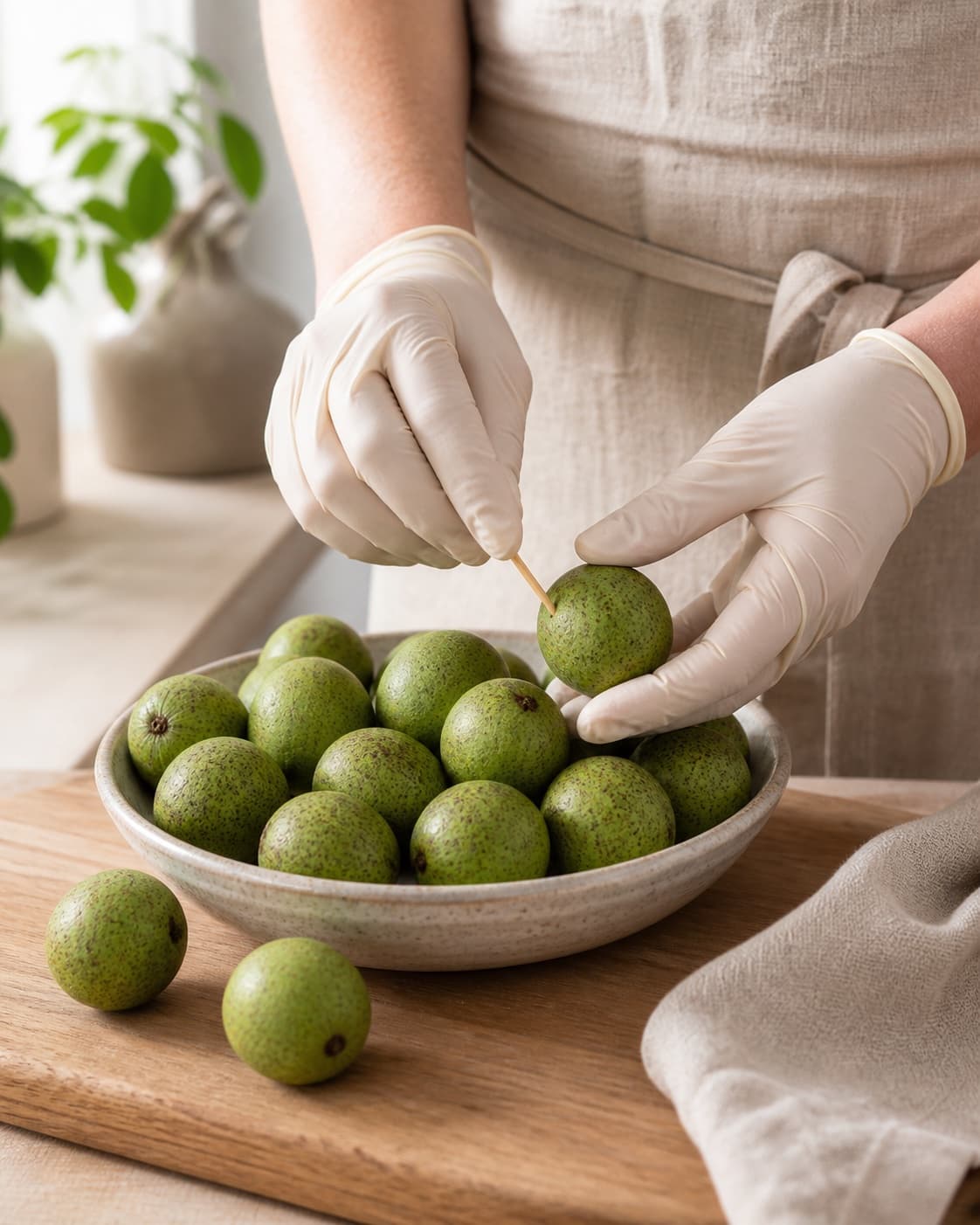 Young whole green walnuts being checked and pricked with a skewer while wearing gloves, no hard shells or dark pickles under tilberedningen af syltede valnødder