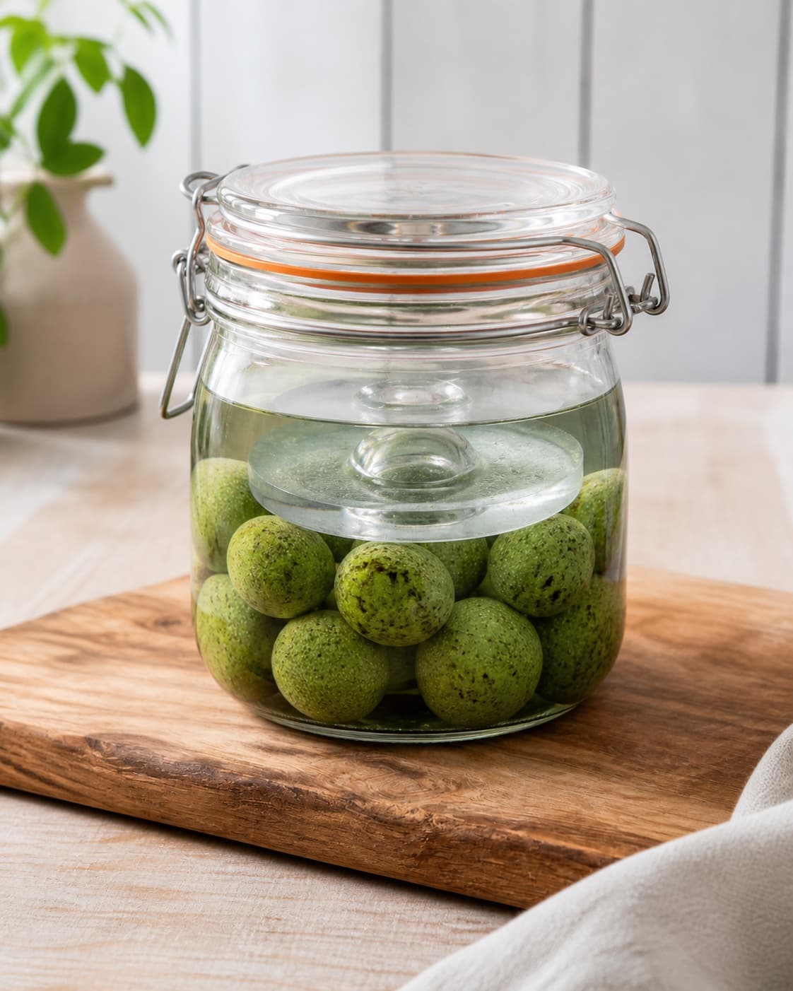 Green walnuts fully submerged under a clean weight in fresh cold brine, one jar only, no spices or dark syrup under tilberedningen af syltede valnødder