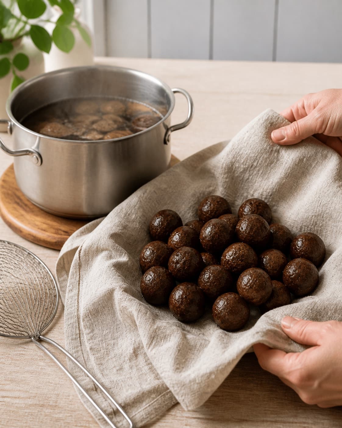 Brined green walnuts gently boiling until tender, then dark whole walnuts draining on a clean cloth under tilberedningen af syltede valnødder
