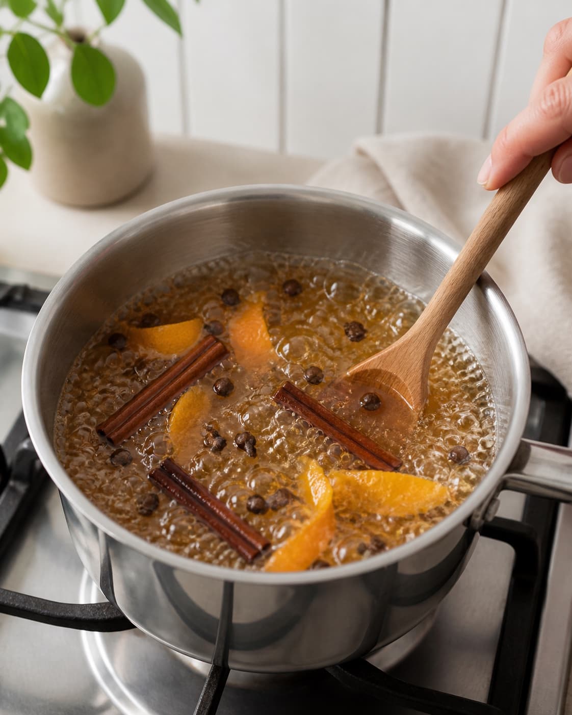 Clear amber vinegar sugar syrup boiling with cinnamon cloves allspice and orange peel, no walnuts yet under tilberedningen af syltede valnødder