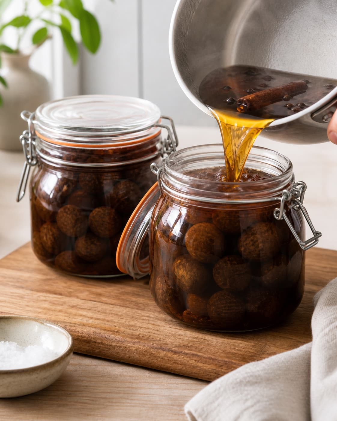 Dark tender walnuts being packed into clean hot preserving jars and fully covered with boiling spiced amber vinegar syrup under tilberedningen af syltede valnødder