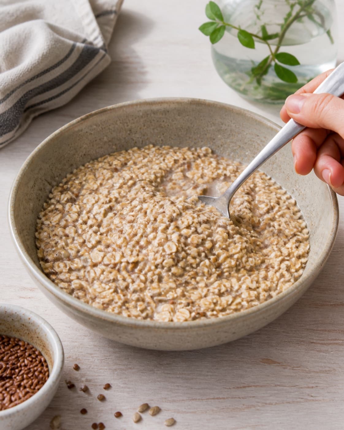 Oats sunflower seeds and flaxseed soaking in warm water into a thick porridge, no flour or yeast yet under tilberedningen af grovboller