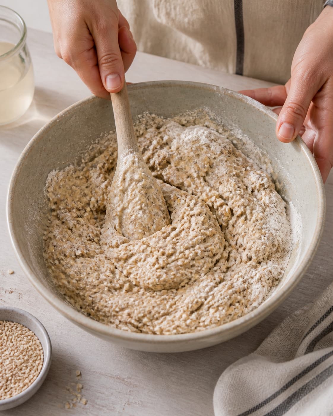 Yeast honey water and soaked grains being mixed with white and whole-wheat flour into one sticky coarse dough under tilberedningen af grovboller