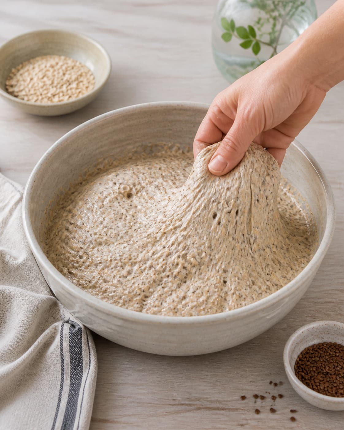 Sticky wholegrain dough being stretch-folded in a bowl, then covered and visibly risen with small bubbles under tilberedningen af grovboller