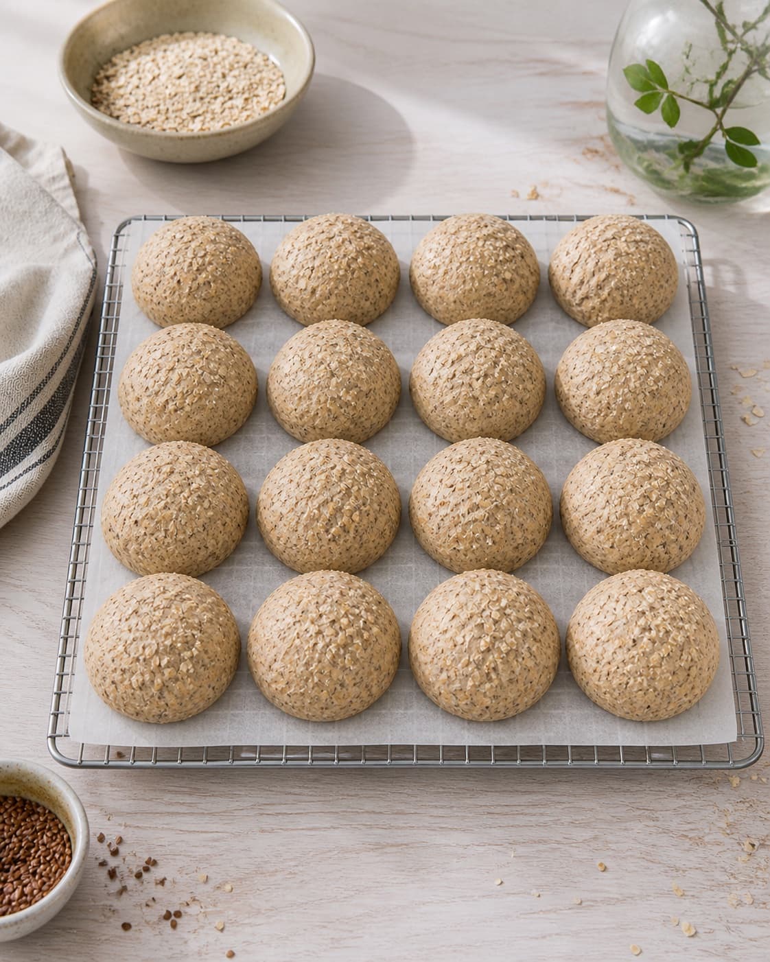 Exactly sixteen raw wholegrain buns arranged as four rows of four on lined trays, all fully visible and equal under tilberedningen af grovboller