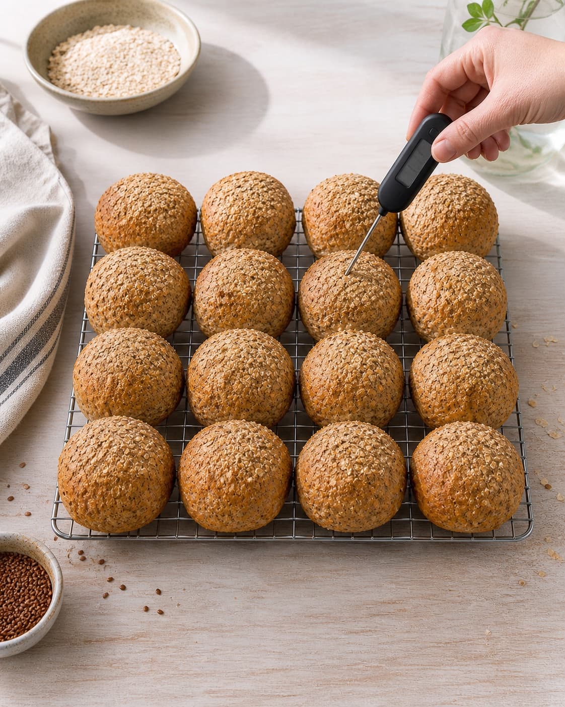 Exactly sixteen deeply golden wholegrain buns in four rows of four, one checked with a thermometer and cooling on racks under tilberedningen af grovboller