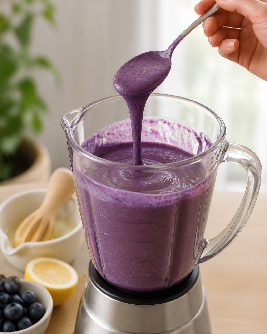 A spoon lifting a thick smooth ribbon of purple blueberry smoothie over the blender while lemon juice is adjusted, no filled glasses under tilberedningen af blåbærsmoothie