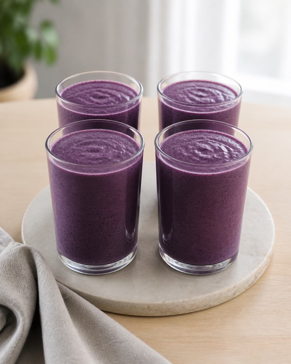 Exactly four and only four fully visible glasses of thick dark-purple blueberry smoothie arranged in one row, equal fill levels, no extra glasses under tilberedningen af blåbærsmoothie