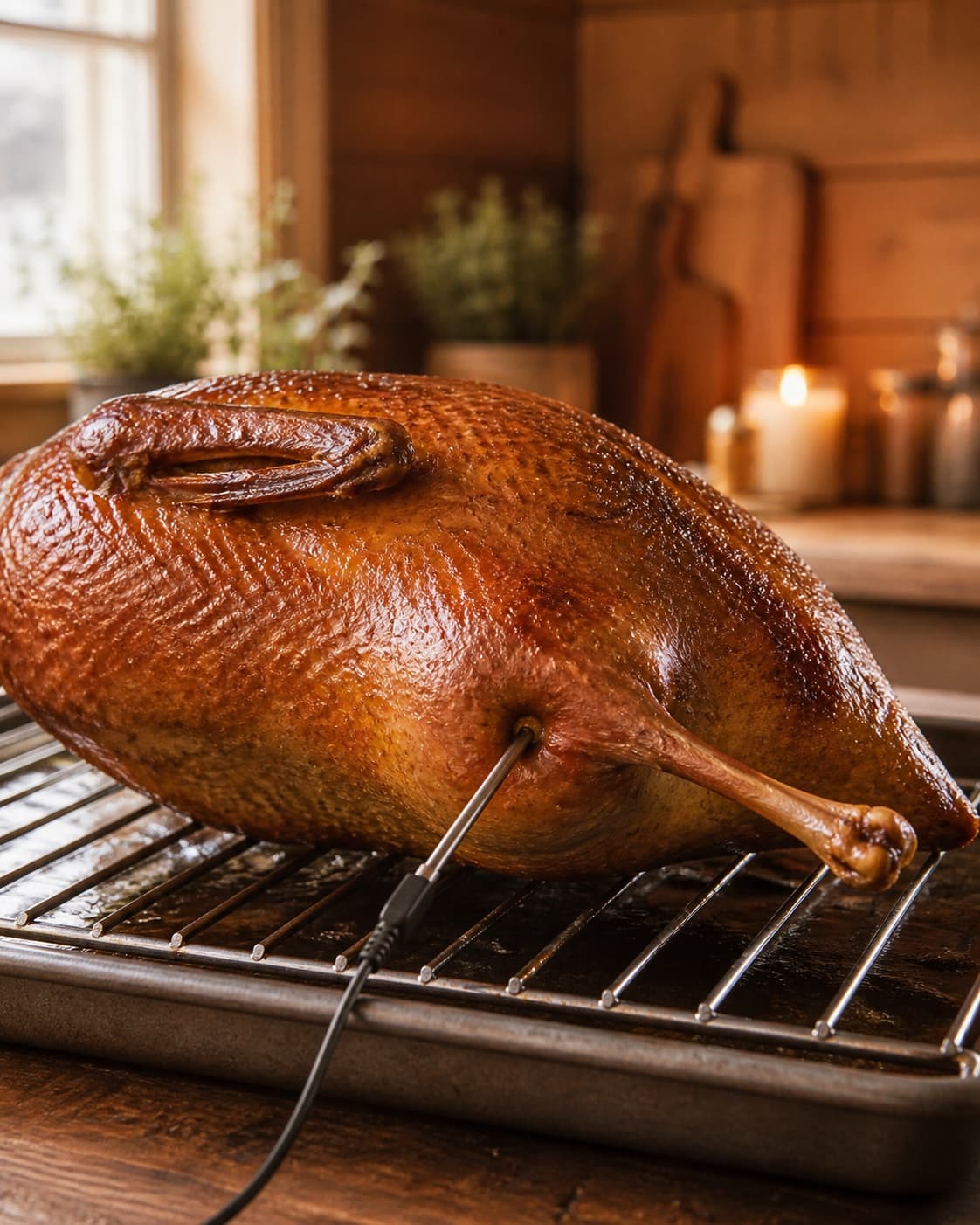 A deeply golden whole roast duck still on its rack with a digital probe inserted into thick thigh meat beside the joint, not touching bone under tilberedningen af andesteg langtidsstegt