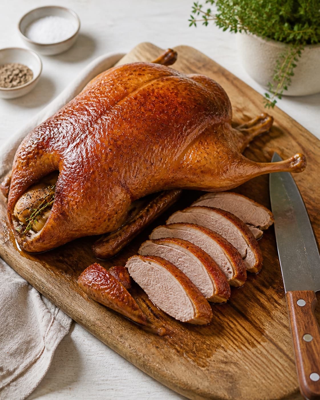 One rested whole roast duck on a carving board with the first clean breast slices beside it, juicy fully cooked meat and intact crisp skin under tilberedningen af andesteg langtidsstegt