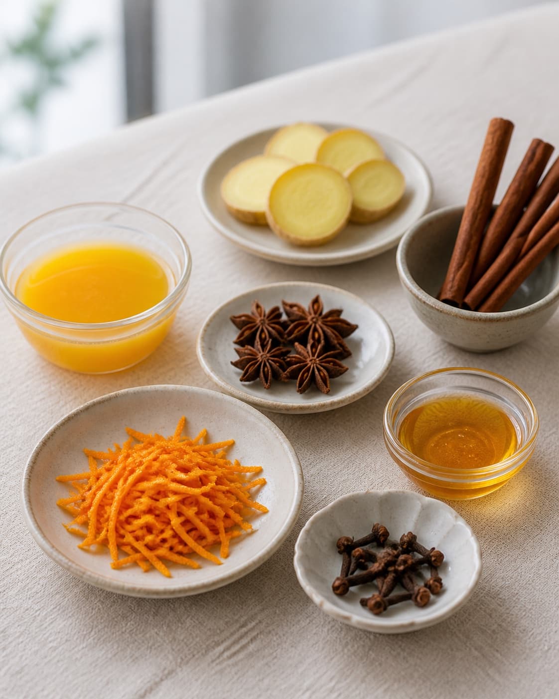 Thin orange zest without white pith, orange juice, sliced ginger, cinnamon sticks, star anise, cloves and honey prepared separately, no hot drink under tilberedningen af juledrik