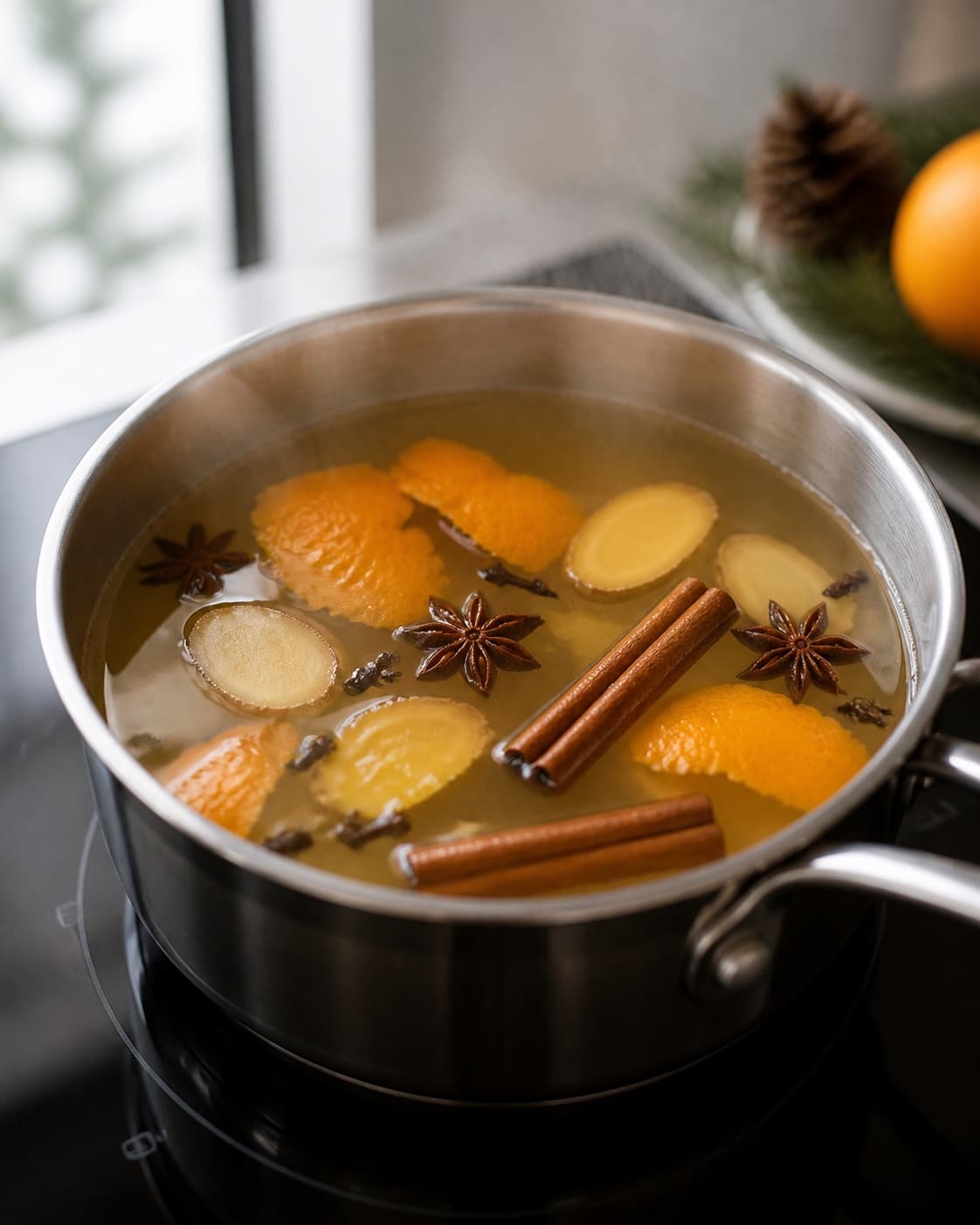 Clear golden apple juice gently heating with orange peel ginger cinnamon star anise and cloves, light steam and no boiling under tilberedningen af juledrik
