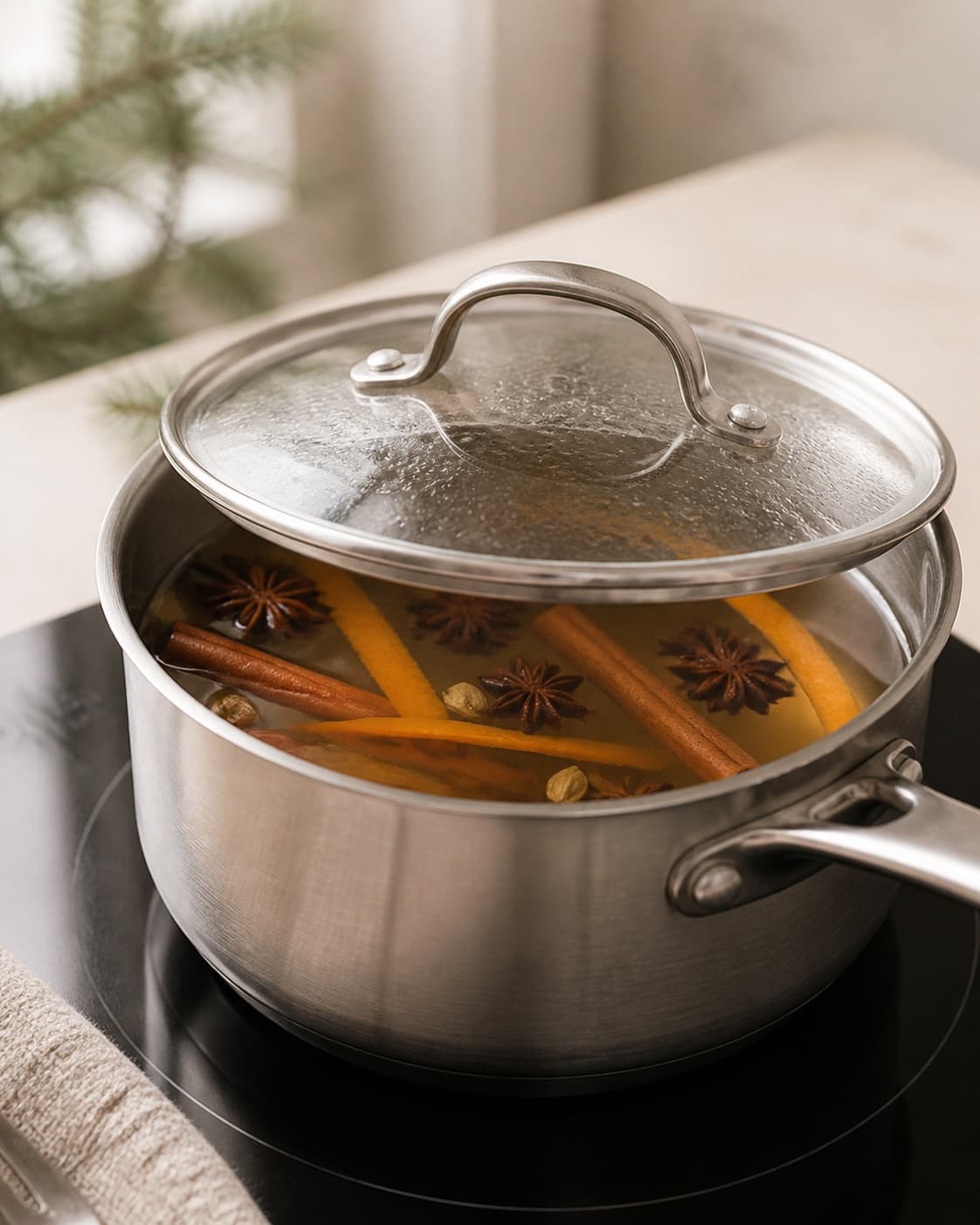 Covered pot of clear amber Christmas drink infusing off the heat with whole spices visible, no glasses and no boiling under tilberedningen af juledrik