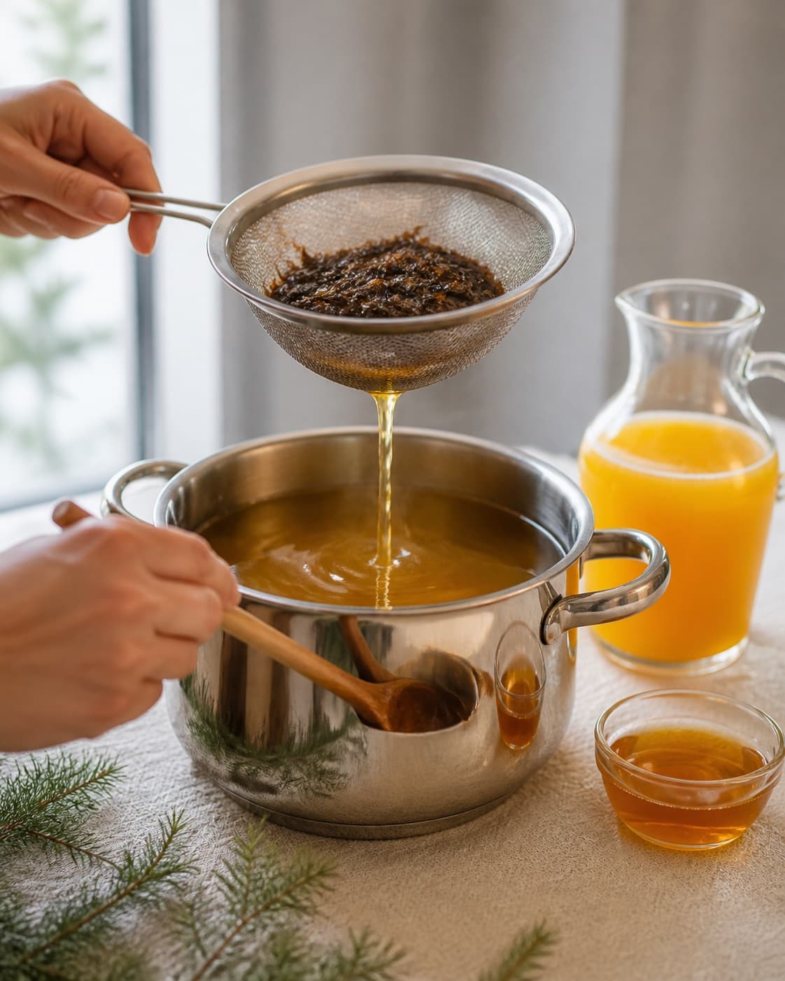 Clear strained golden Christmas drink returning to a clean pot while orange juice and honey are stirred in, no whole spices under tilberedningen af juledrik