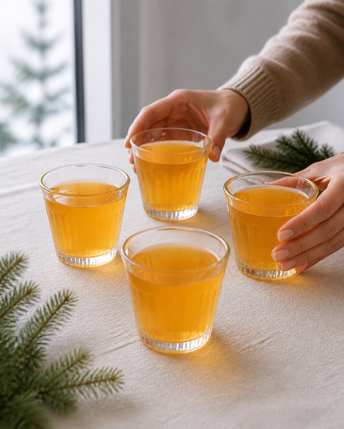 Exactly four and only four fully visible heatproof glasses of clear golden Christmas drink, equal fill levels, no floating spices and no extra glasses under tilberedningen af juledrik