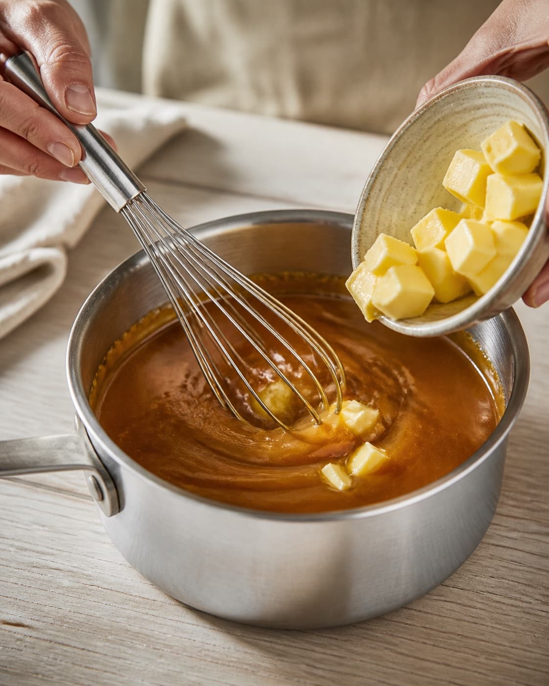 Glossy amber caramel at 168 degrees in a saucepan while butter is carefully whisked in, no nuts or finished shards under tilberedningen af karamelbrud