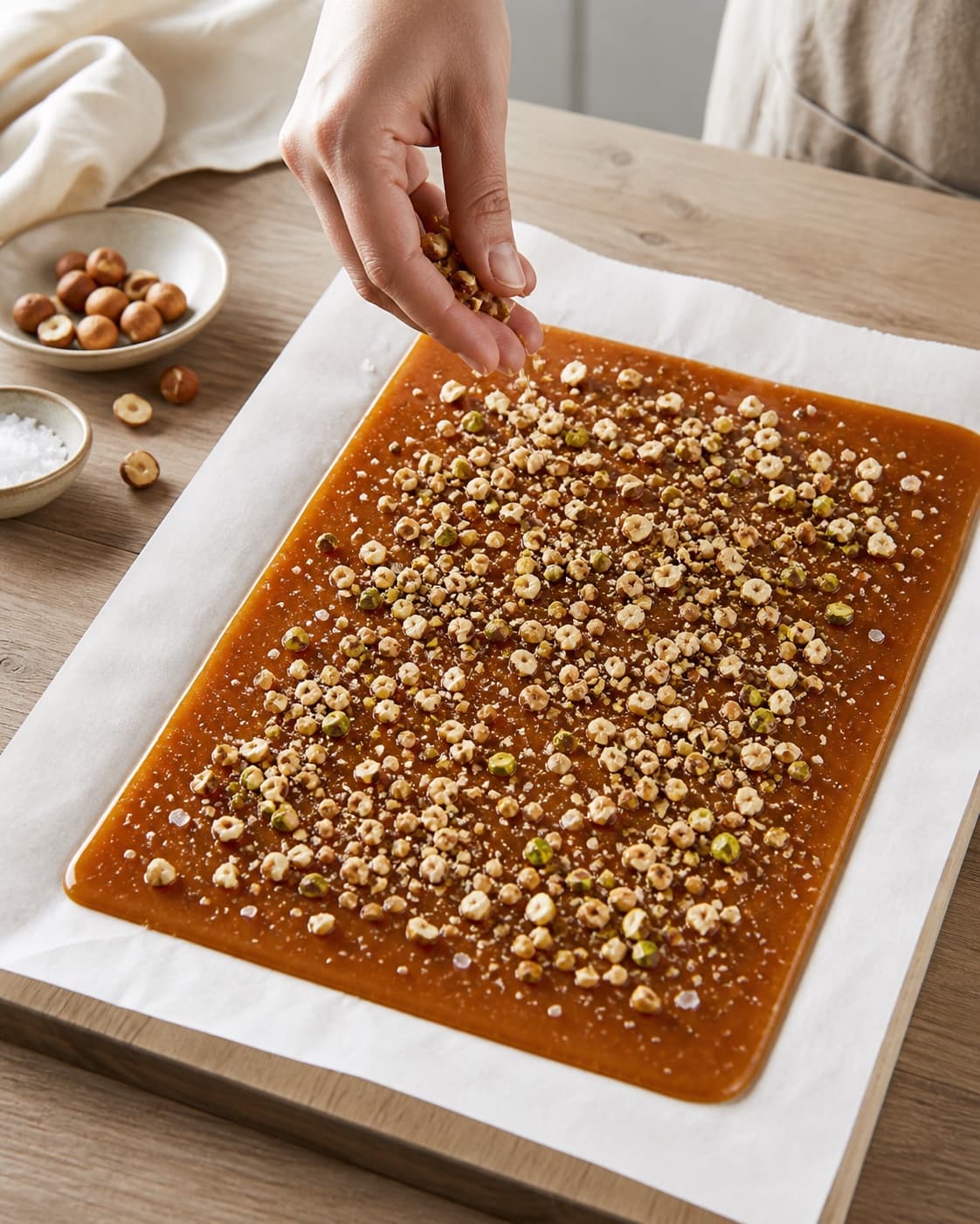 One single unbroken thin sheet of hot amber caramel on parchment being evenly topped with chopped hazelnuts pistachios and a little flaky salt, no broken pieces under tilberedningen af karamelbrud