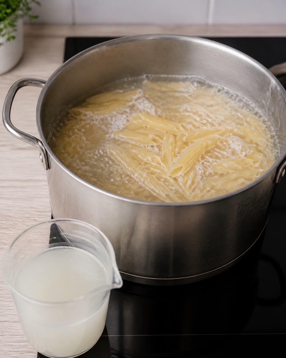 Penne boiling in salted water until al dente with one jug of cloudy pasta water reserved, no tuna sauce under tilberedningen af pasta med tunsauce