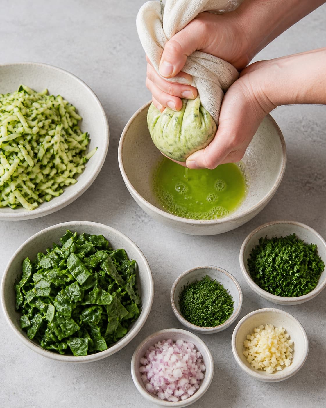 Grated salted zucchini being squeezed dry in a clean cloth beside separately chopped spinach shallot garlic parsley and dill, no chicken mixture under tilberedningen af kyllingedeller med grønt