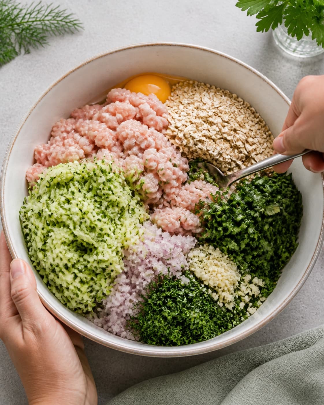 Raw ground chicken being mixed with egg oats squeezed zucchini spinach shallot garlic parsley and dill into one cohesive green-speckled mixture under tilberedningen af kyllingedeller med grønt