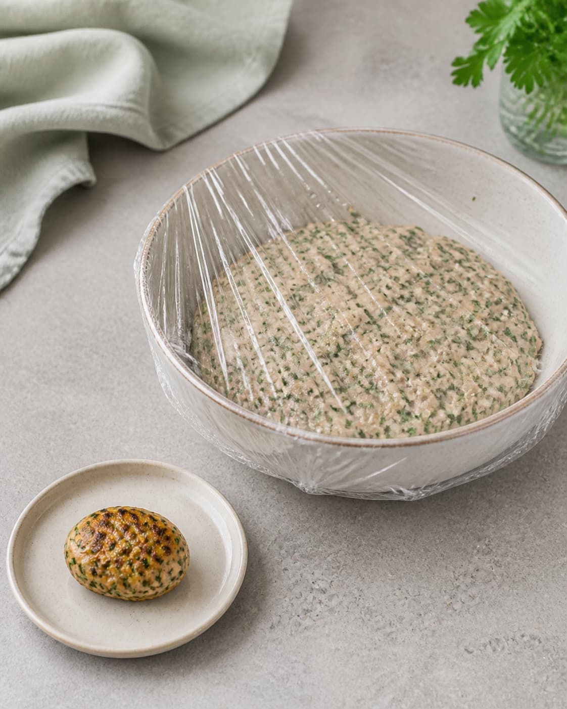 Covered bowl of chilled raw green-speckled chicken mixture with exactly one small cooked test patty beside it, no finished batch under tilberedningen af kyllingedeller med grønt