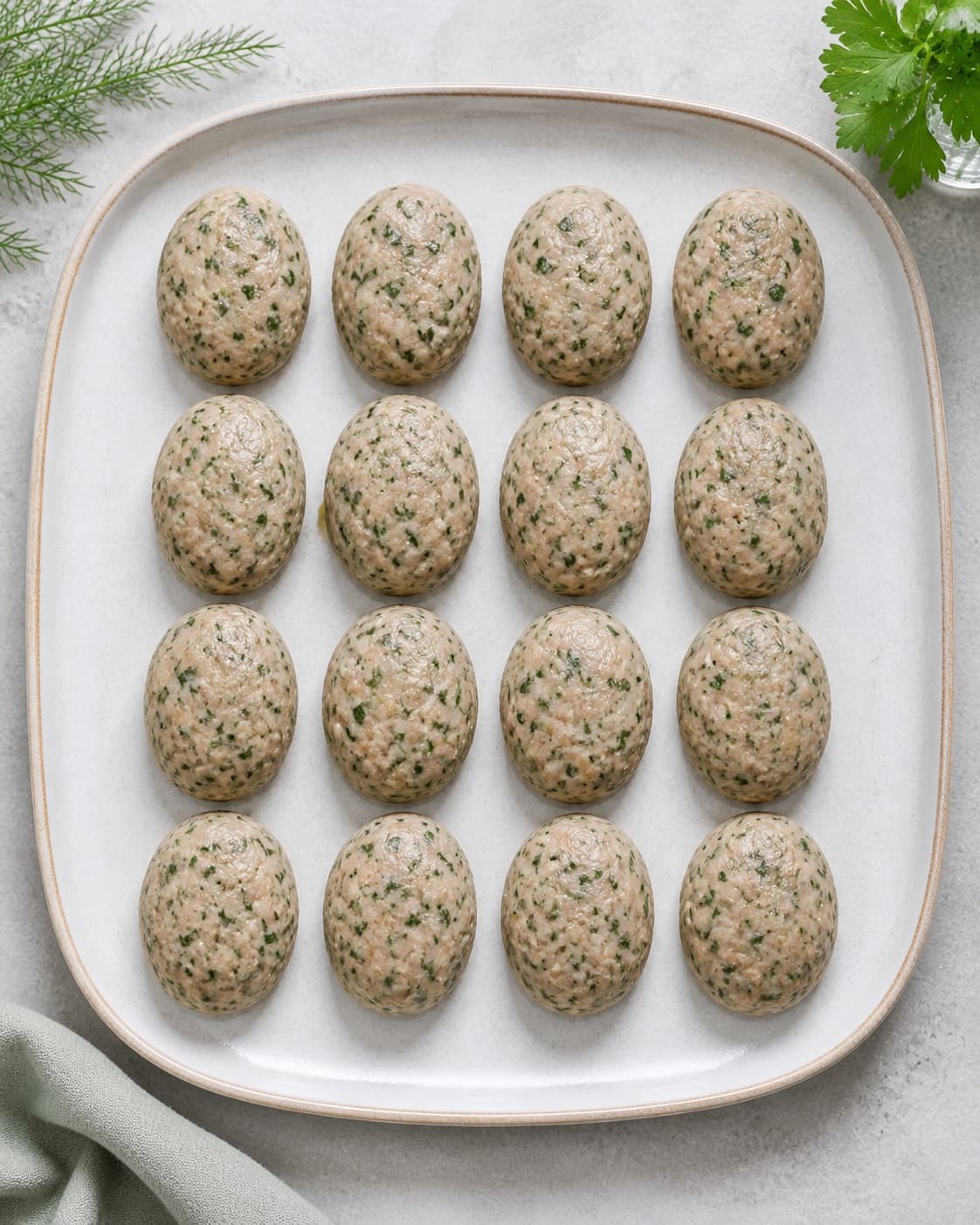 Exactly sixteen raw green-speckled chicken patties arranged in exactly four rows of four on one tray, all equal and fully visible, no cooked patties under tilberedningen af kyllingedeller med grønt