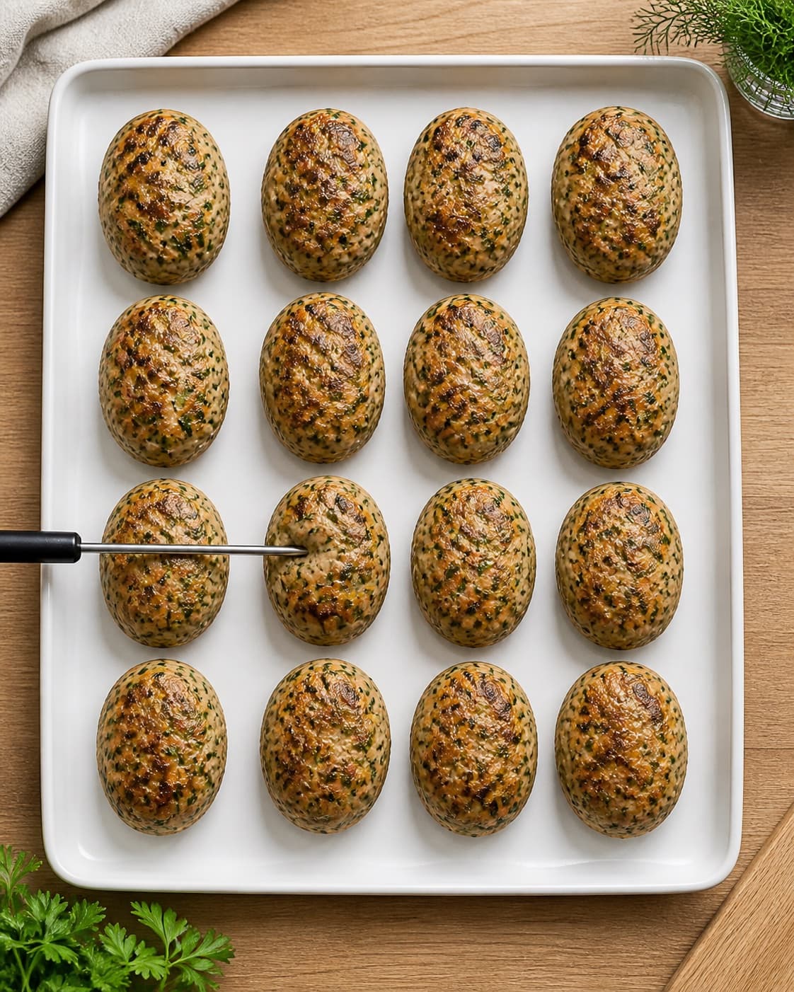 Exactly sixteen cooked golden chicken patties arranged four by four, green herb flecks visible, one checked with a probe in its centre, no raw patties under tilberedningen af kyllingedeller med grønt