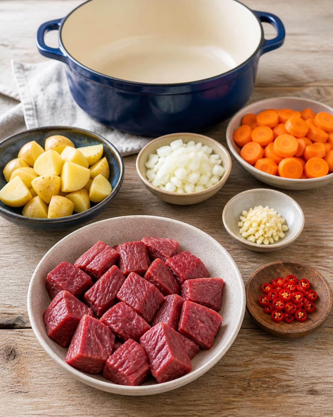 Dry raw beef cubes and separately prepared potatoes carrots onion garlic and red chilli, no browned meat or stew under tilberedningen af chili-oksekødsgryde