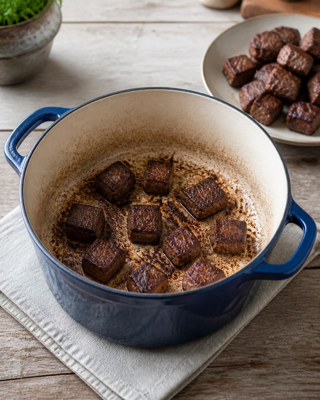 Beef cubes browning deeply in a single uncrowded layer in a heavy pot, browned batches on one plate nearby, no vegetables or liquid under tilberedningen af chili-oksekødsgryde