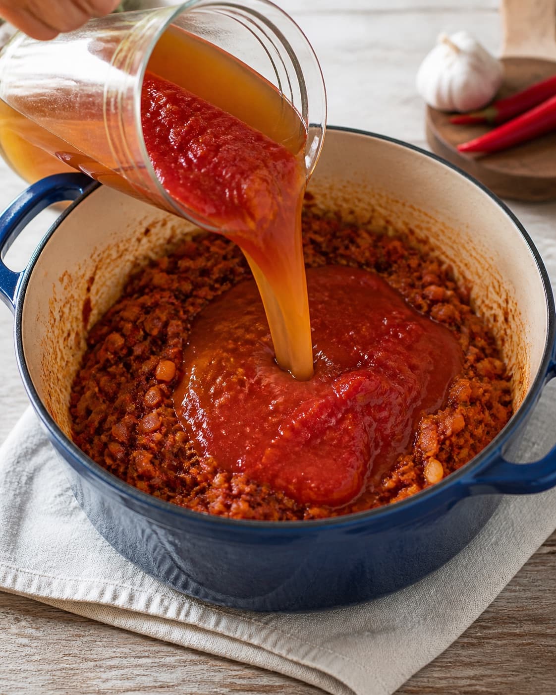 Onion carrot garlic red chilli smoked paprika cumin and tomato paste frying into a brick-red base as tomato and stock are added, no potatoes under tilberedningen af chili-oksekødsgryde
