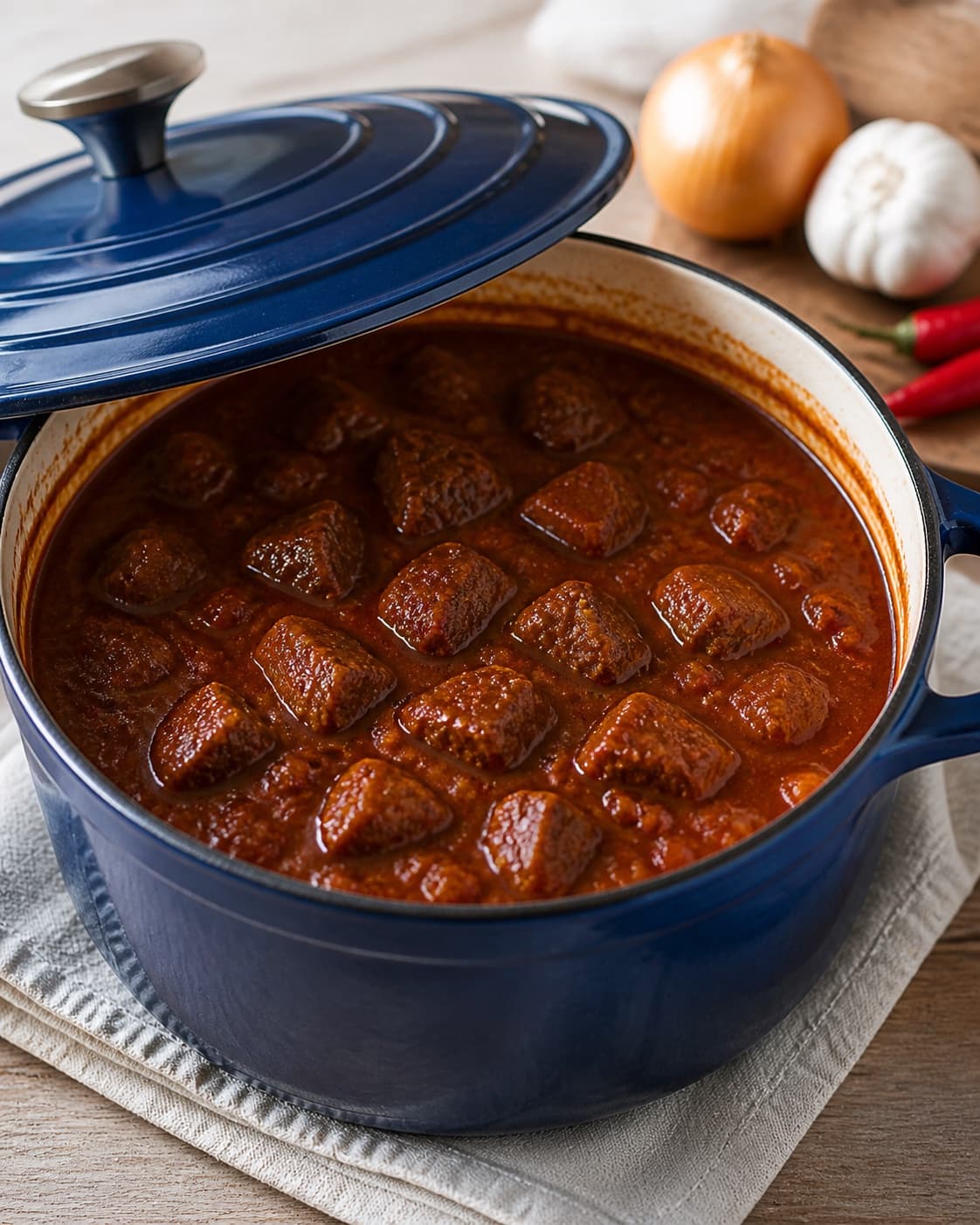 Beef cubes simmering very gently in thick dark-red chilli tomato sauce under a partly open lid, no potatoes yet under tilberedningen af chili-oksekødsgryde