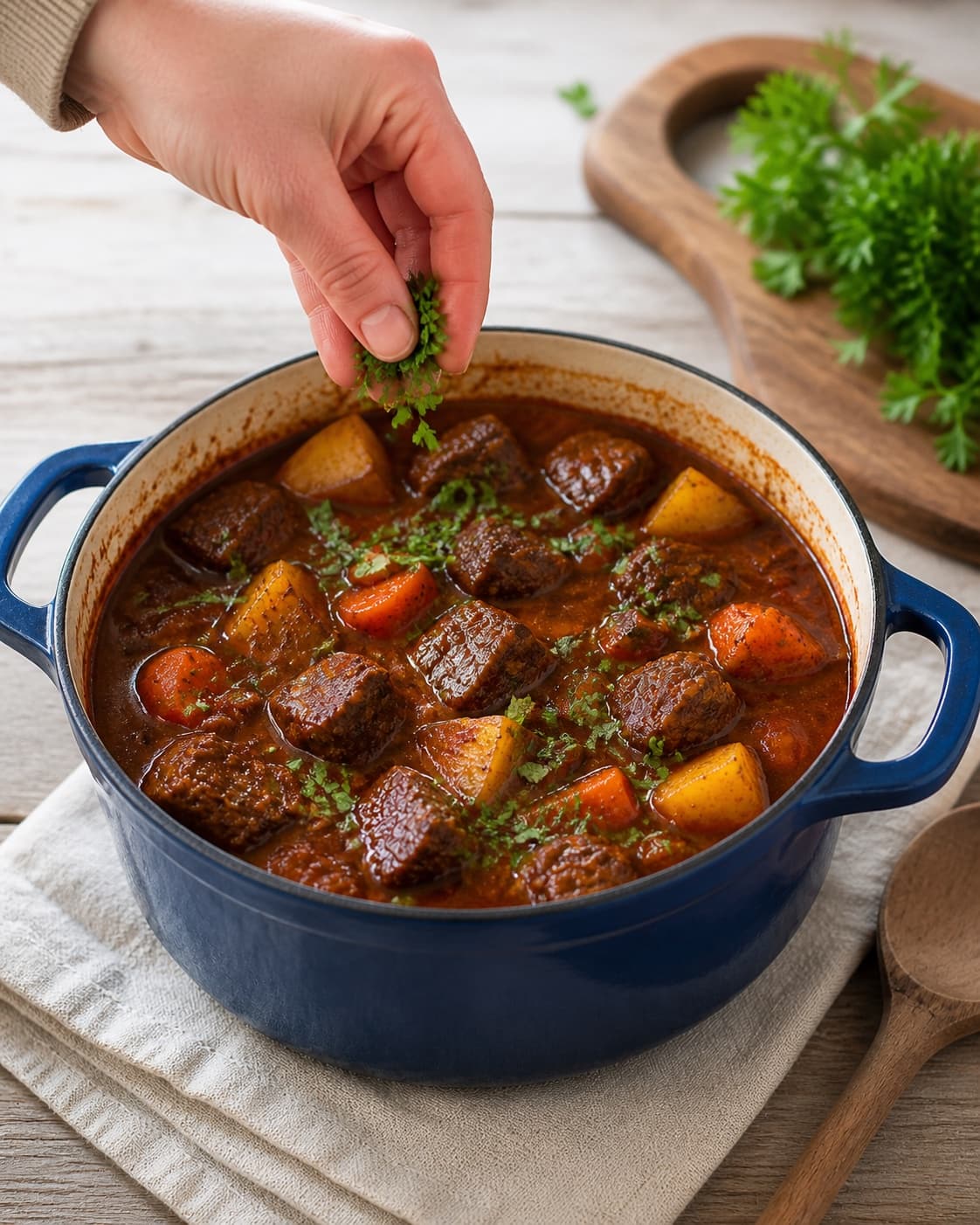 Finished thick chilli beef stew with tender beef potato chunks and carrots being adjusted in one pot, parsley added at the end under tilberedningen af chili-oksekødsgryde