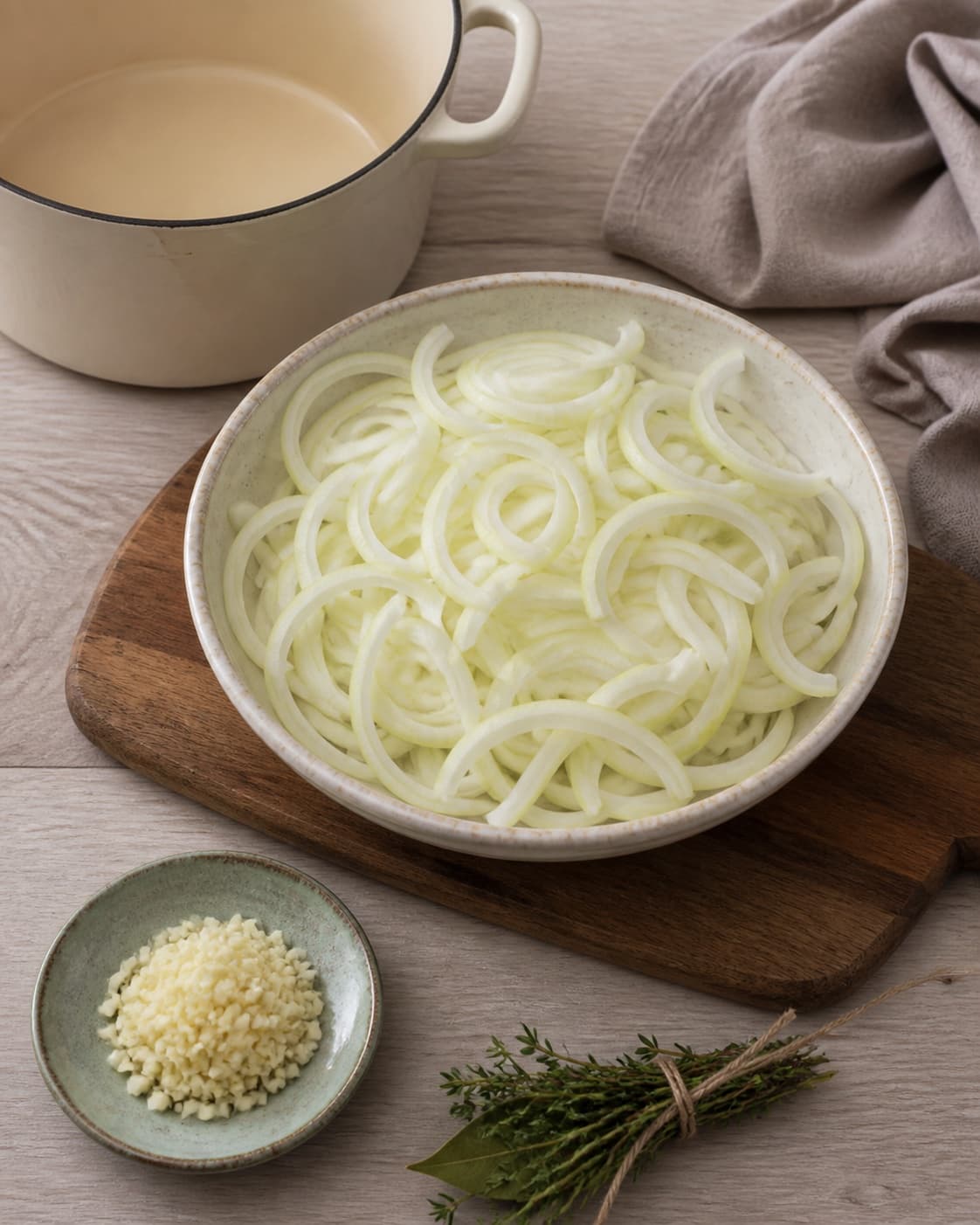 Thin even raw onion half-moons with chopped garlic and one tied thyme-bay bundle prepared separately, no cooked onions or soup under tilberedningen af løgsuppe
