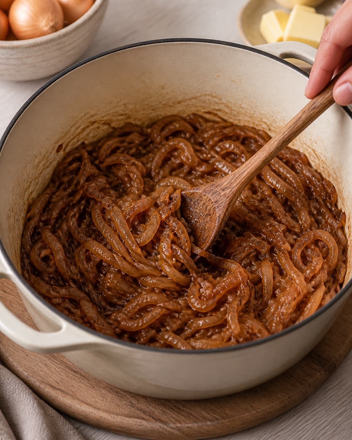 A large pot of sliced onions slowly caramelizing to uniform deep amber with butter and oil, no liquid bread or cheese under tilberedningen af løgsuppe