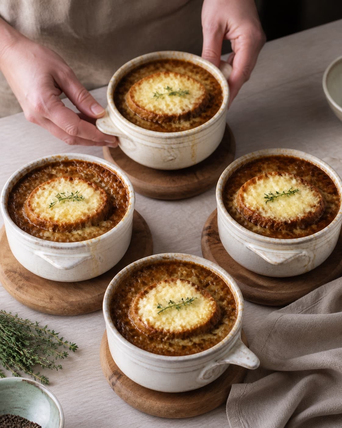 Exactly four and only four ovenproof bowls of French onion soup, each with one toast covered in bubbling golden melted cheese, all bowls fully visible under tilberedningen af løgsuppe