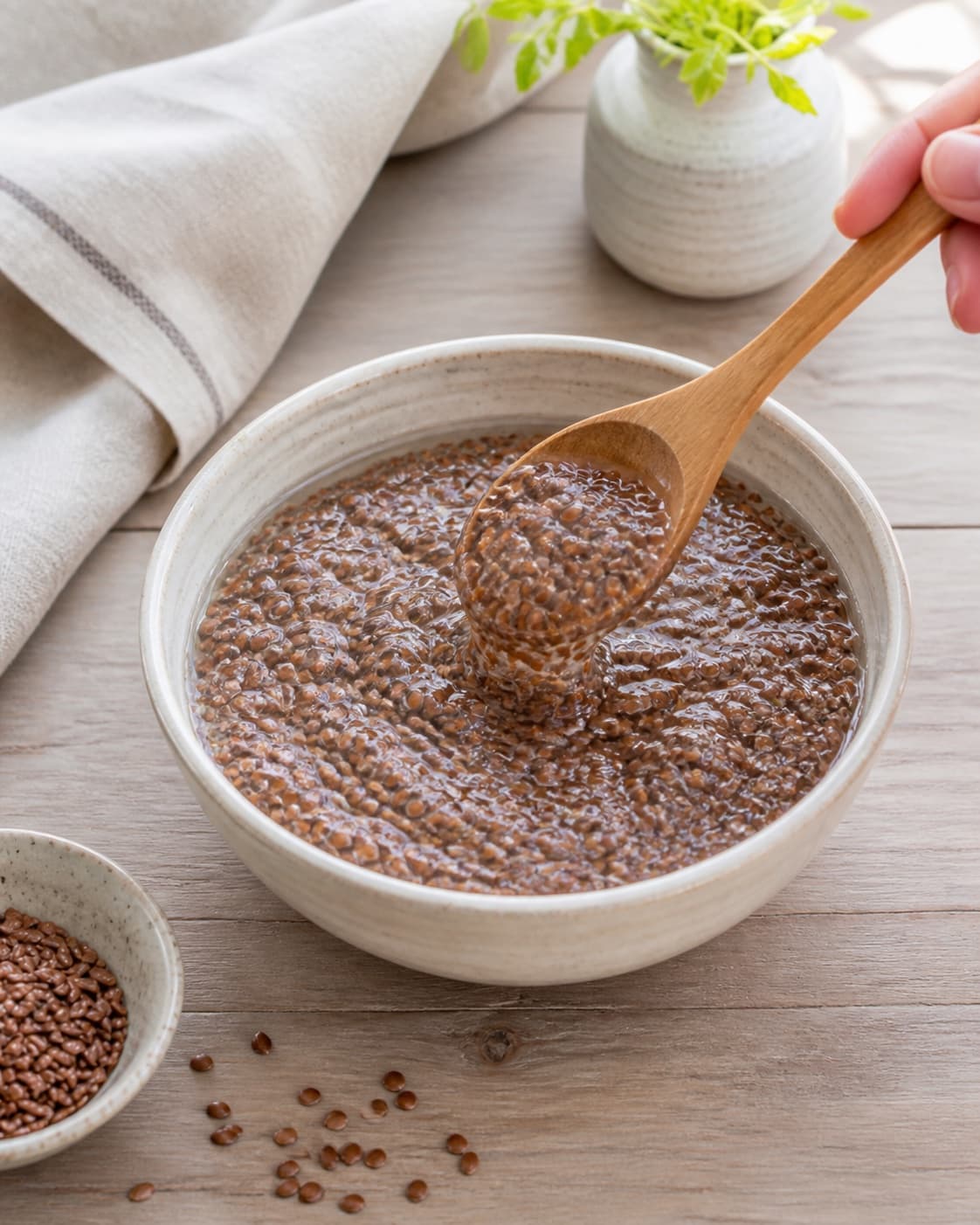 Whole flaxseeds soaking in warm water into one thick glossy gel, no flour yeast dough or bread under tilberedningen af hørfrøboller