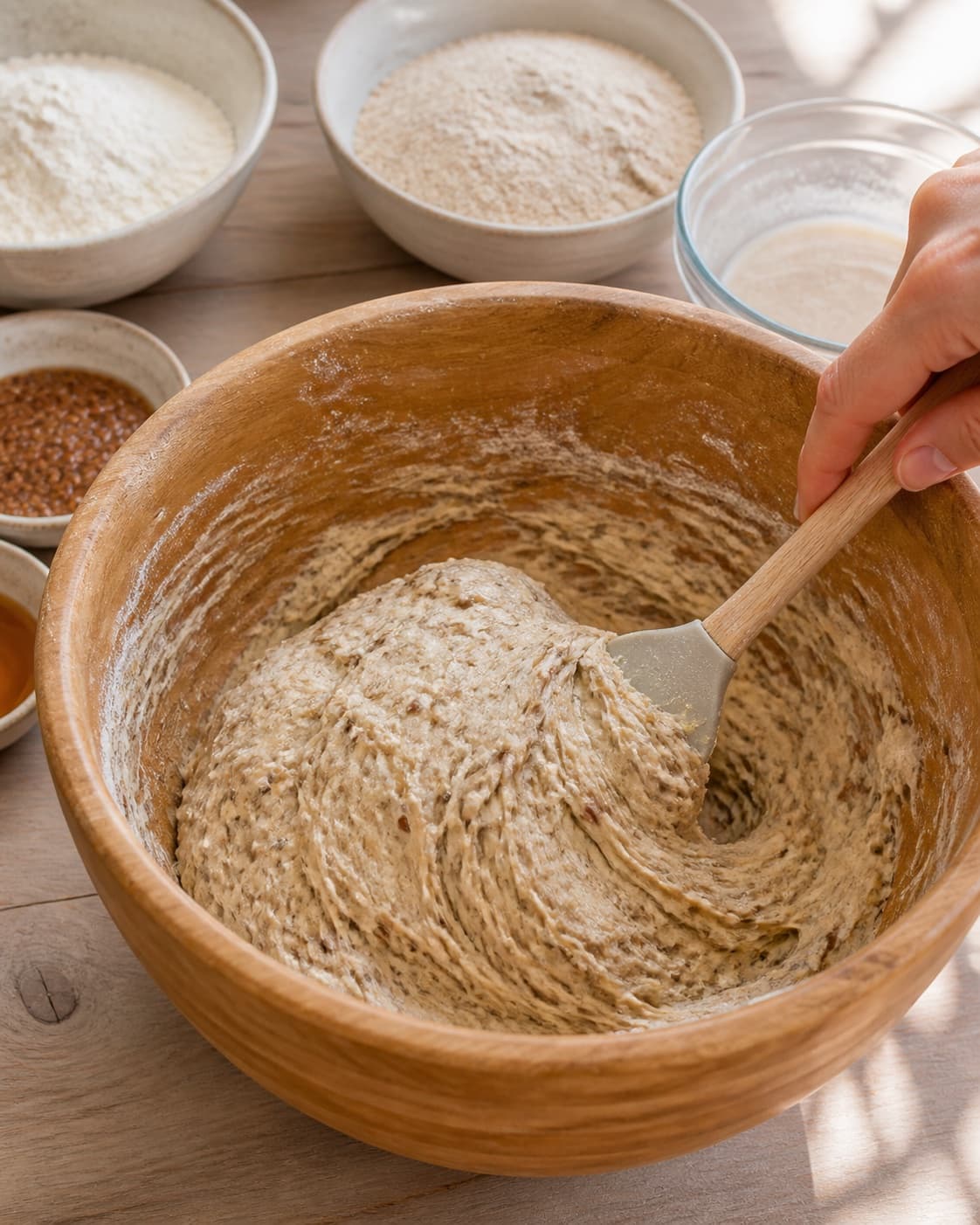 Yeast honey water and flaxseed gel being mixed with white and whole-wheat flour into one sticky speckled dough under tilberedningen af hørfrøboller